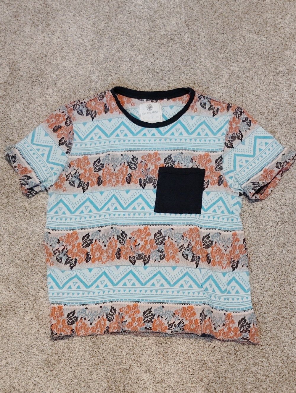 on the byas Short Sleeve Floral & Geo Pocket Tee in Light Blue, Orange & Black